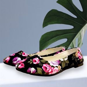 Black and Pink Floral Garden Flats Women Shoes